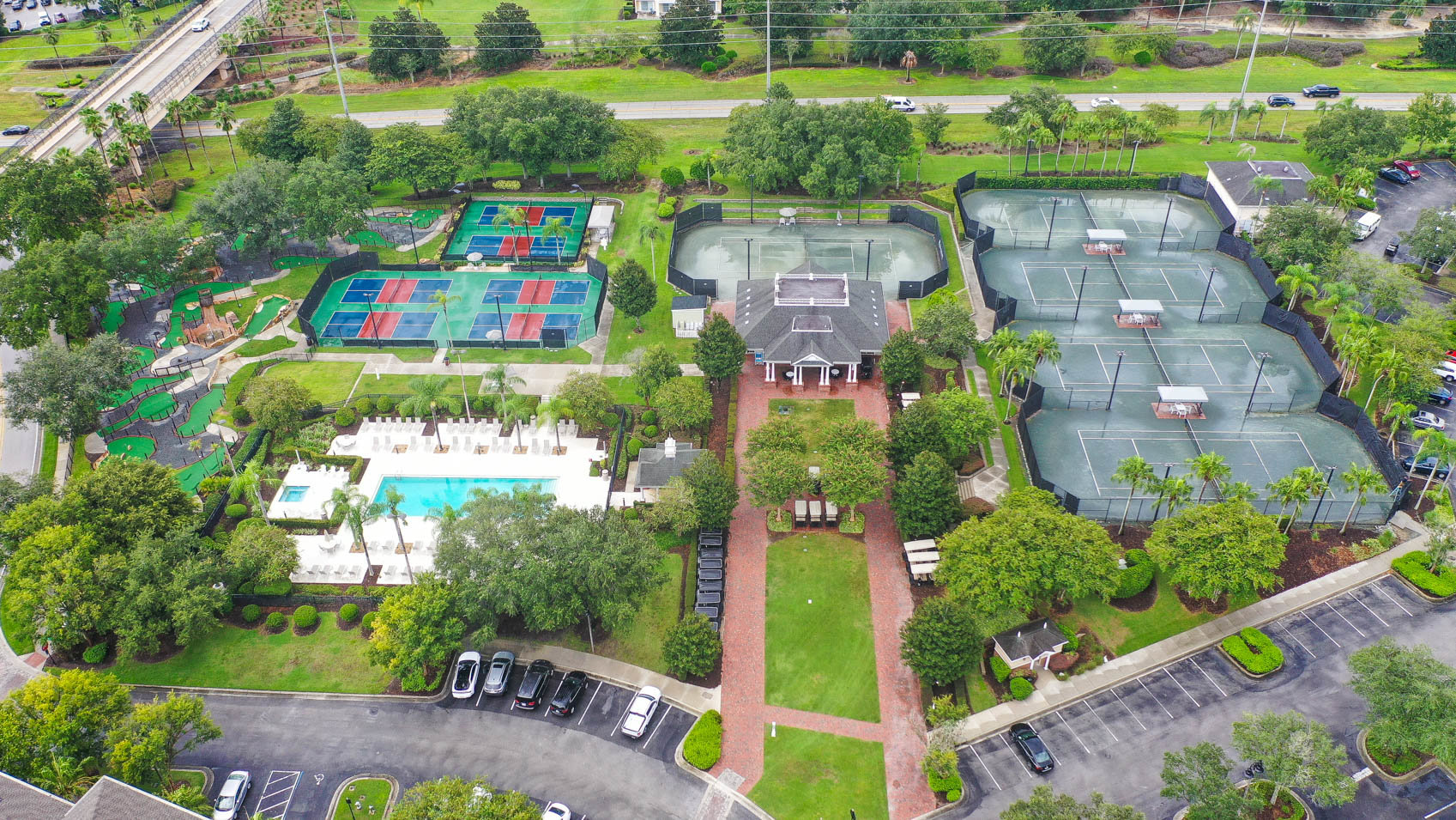 drone shot of outdoor court amenities at reunion resort